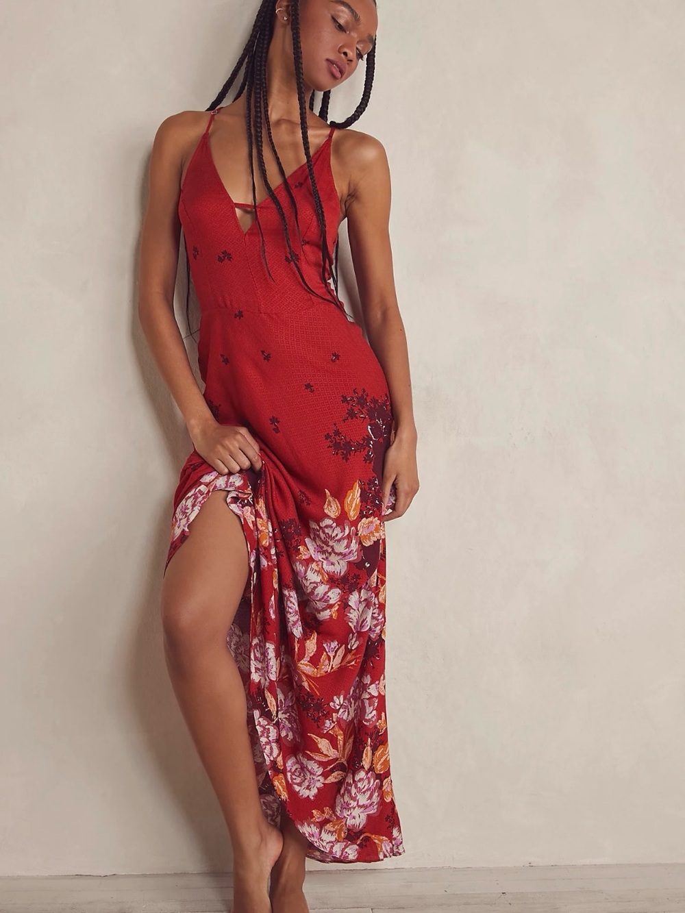 Free People Get To You Floral Maxi Dress Red Slip Sundress Boho Bodycon M